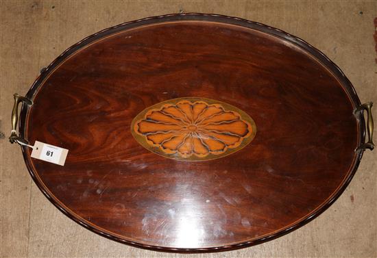 An Edwardian inlaid mahogany oval gallery tray, 28.5in.
